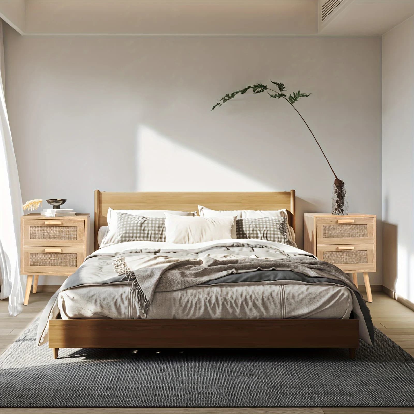 Set di 2 Comodini in Rattan, Tavolini Laterali in Legno con 2 Cassetti, Gambe Robuste in Legno, Tavoli da Camera con Dettagli Artigianali in Rattan