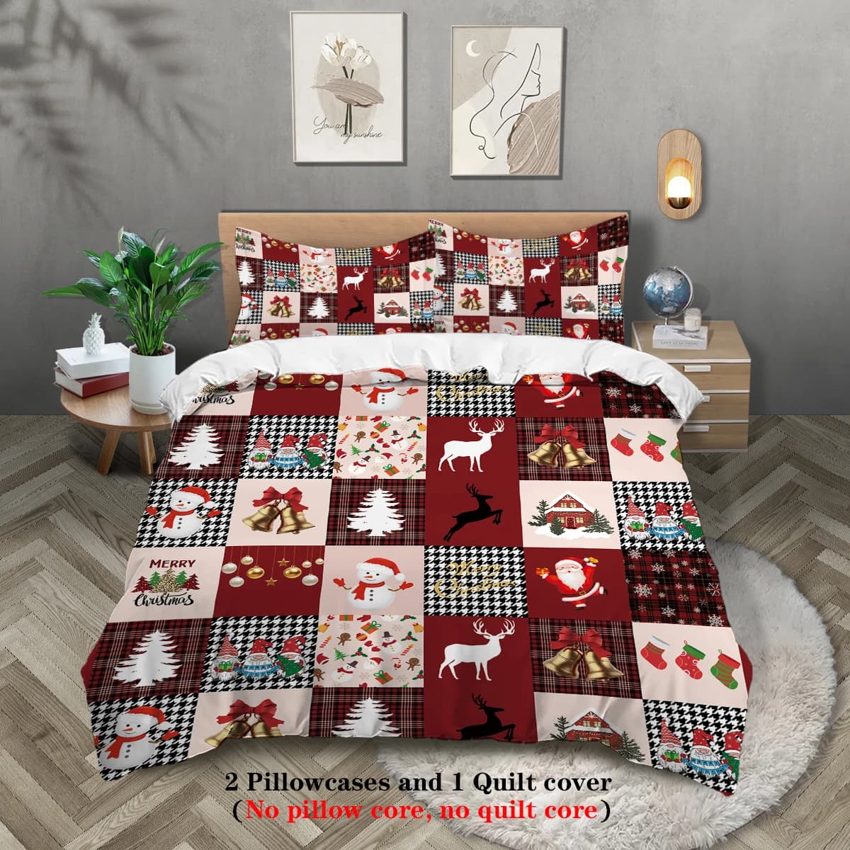 Set biancheria da letto stampata a tema Buon Natale da 3 pezzi, motivo albero di Natale e cervi, 1 * copripiumino + 2 * federa, un regalo di Natale