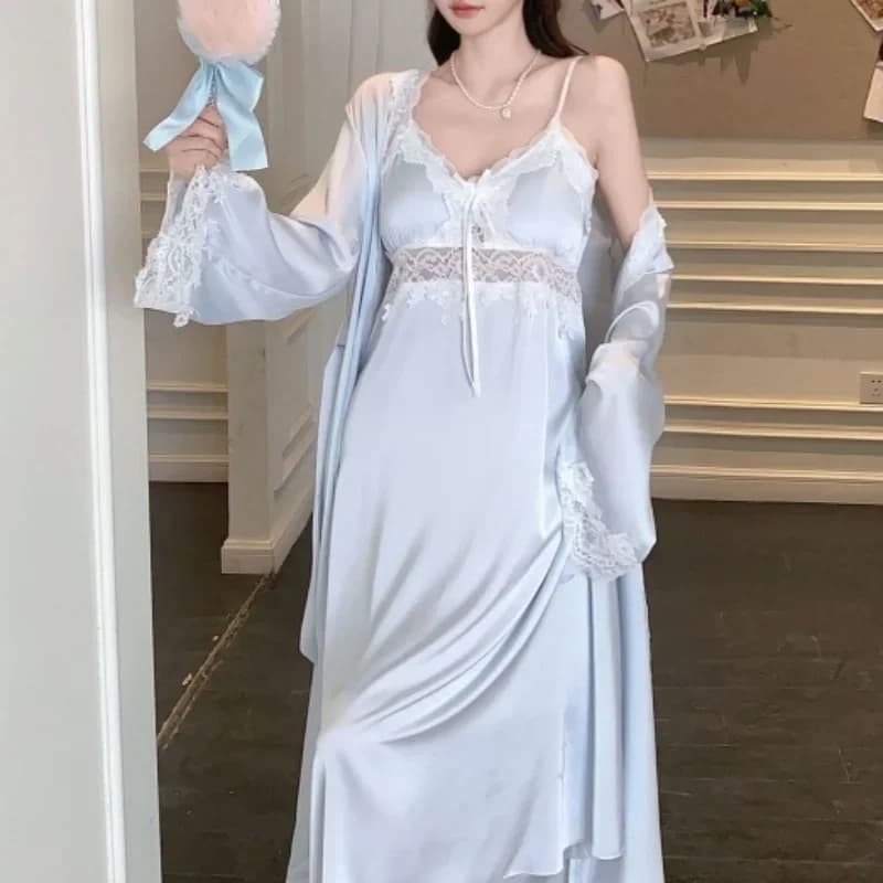 Primavera nuova camicia da notte donna sposa abito da sposa dolce patchwork di pizzo abito set camicia da notte elegante lingerie estate lungo abito kimono