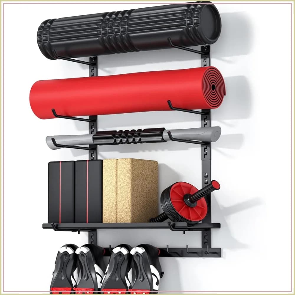 Adjustable Wall-Mounted Gym Equipment Organizer with 1 Board, Yoga Mat Holder, Storage Rack for Peloton Shoes & Mat, Home Training Accessories Shelf