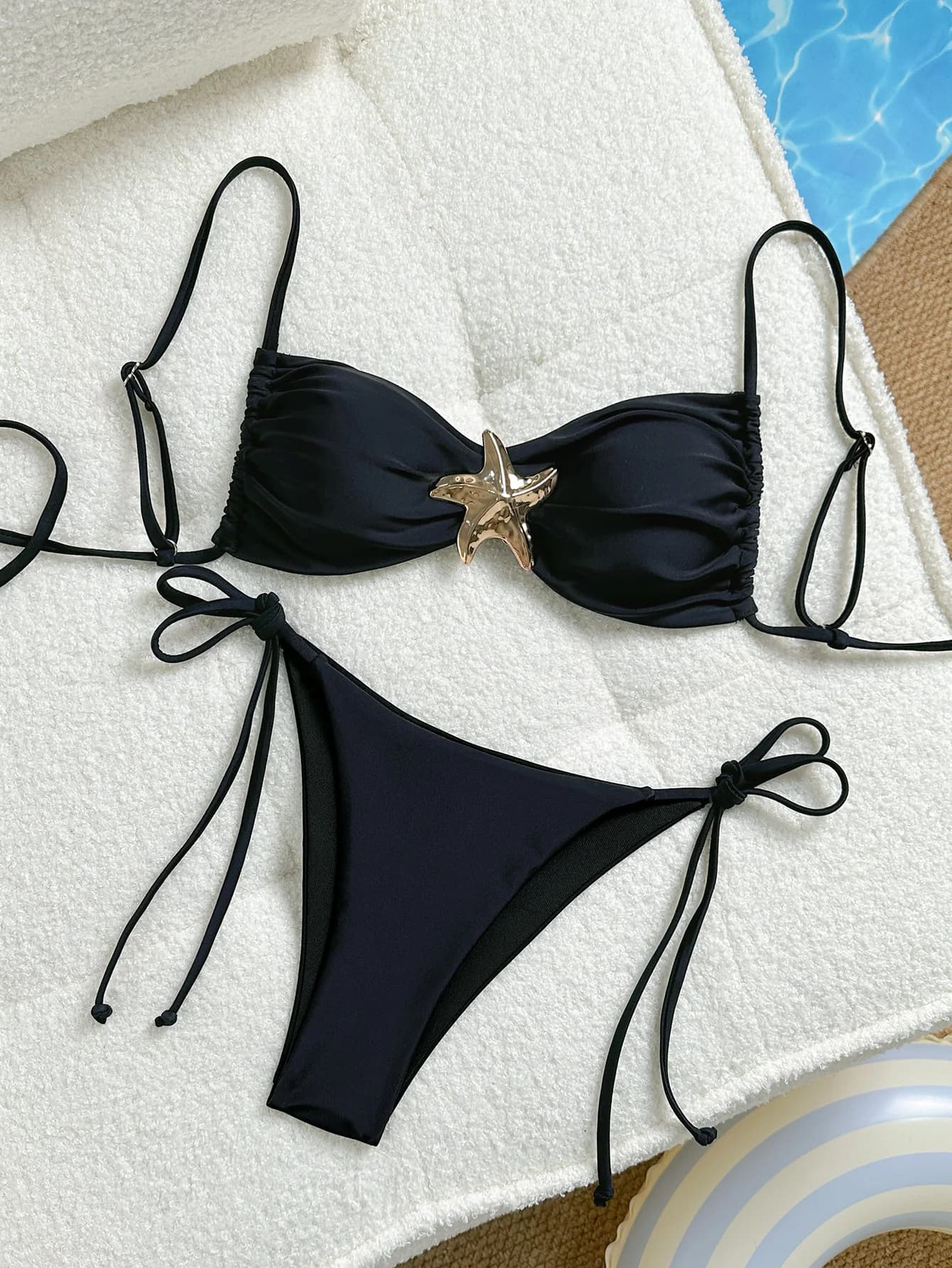 Costume da bagno bikini da donna con stella marina in metallo, costume da bagno con lacci laterali, 2 pezzi