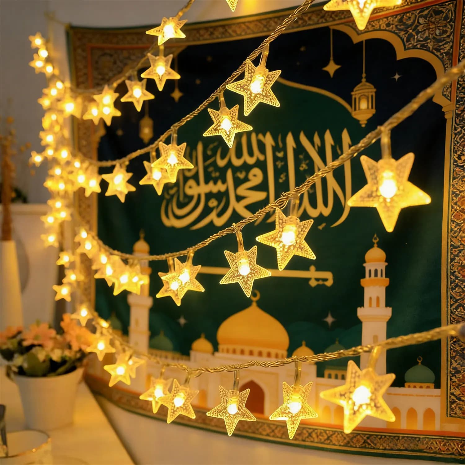 Luci a Stringa a Forma di Stella a Batteria, Decorazioni per Matrimoni, Feste, Interni ed Esterni, Ghirlande per Ramadan, Decorazioni per la Casa, Eid Mubarak