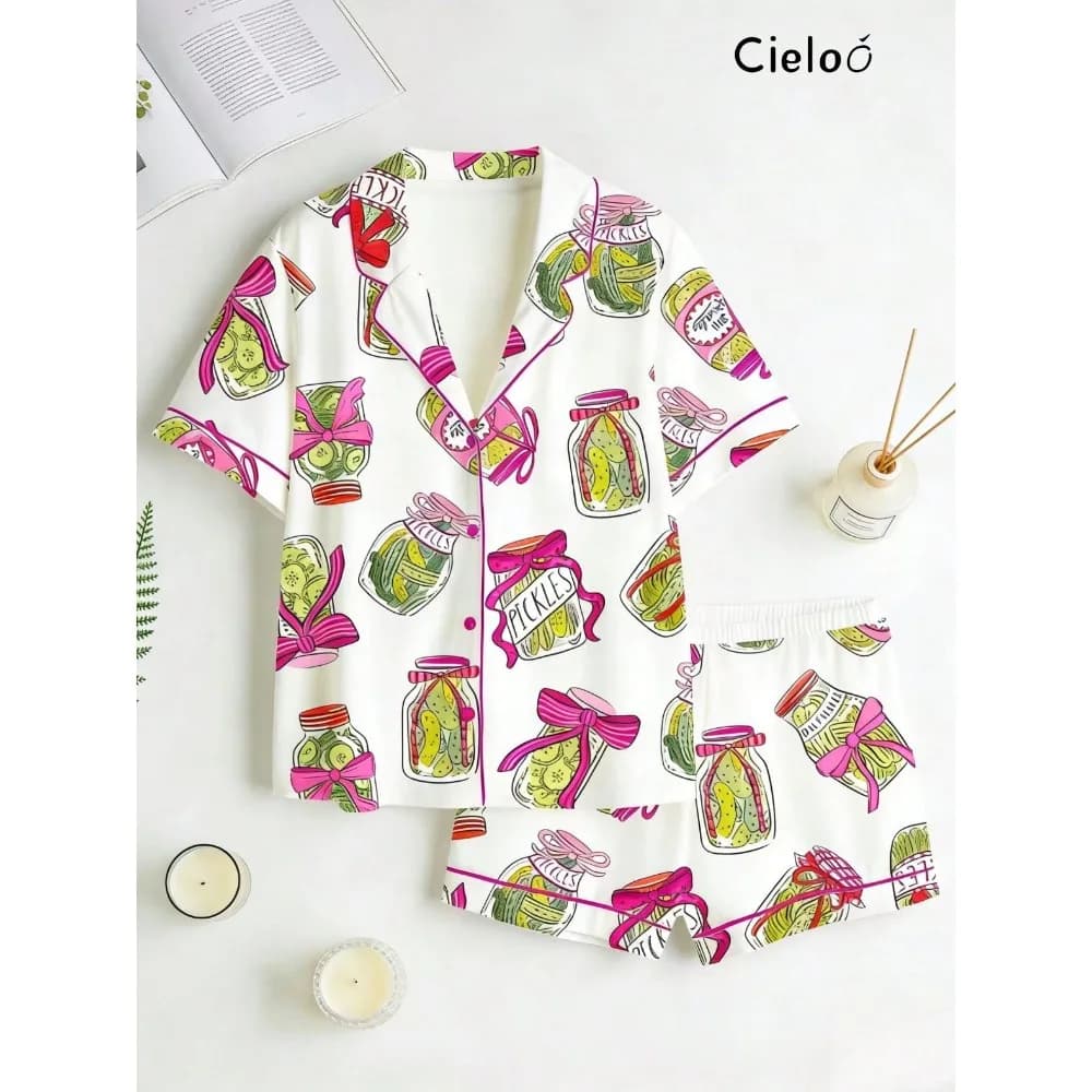 Pickled Cucumber Jar Full Of Printed Two-Piece Pajamas, Soft And Skin Friendly, Breathable, With A Combination Of A Collared Cardigan And Shorts, Providing A Comfortable Stay At Home Feeling, And A Fun And Eye-Catching Outfit