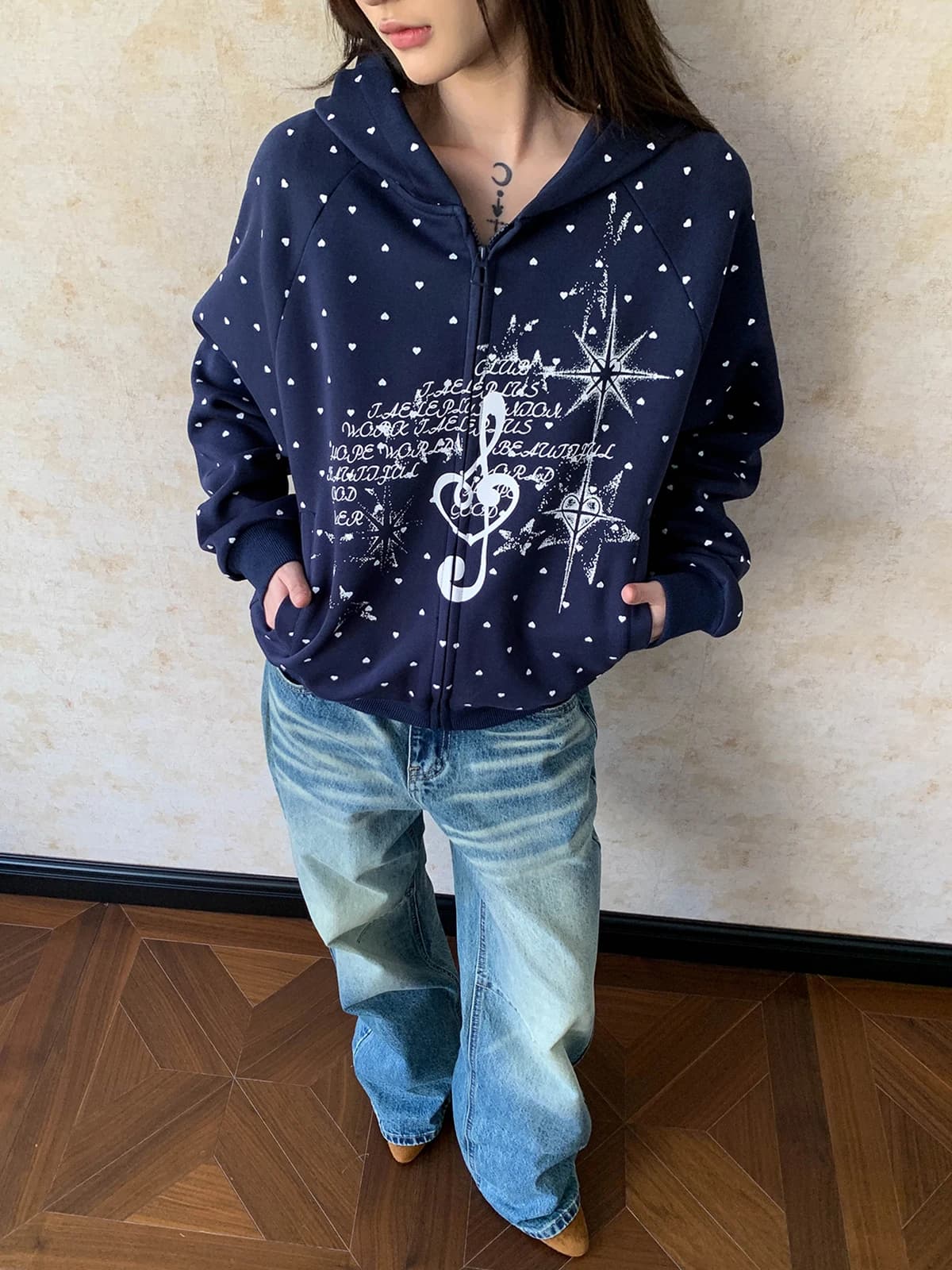 Apocket American Light Artistic Heart Polka Dot Design Felpa con cappuccio ampia e versatile per coppia, cardigan aperto in cotone a maniche lunghe