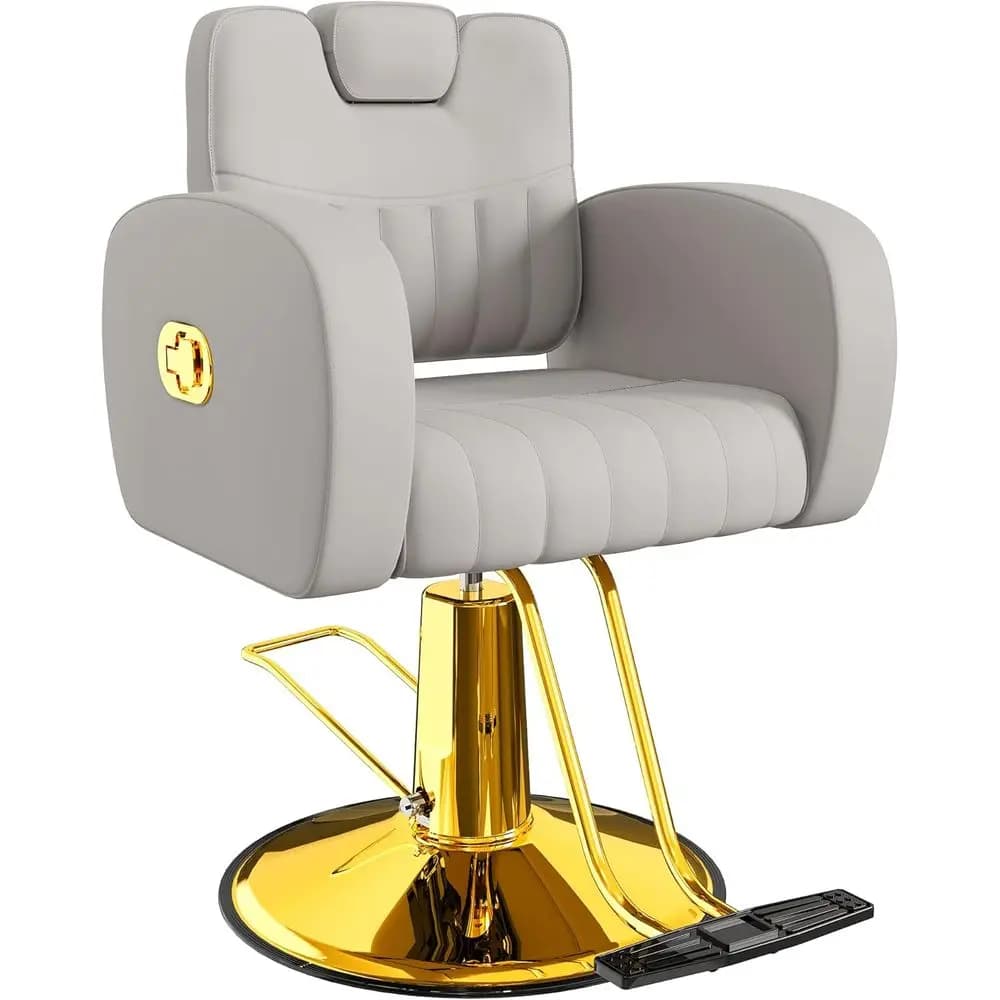 Sedia Ergonomica Grigia e Oro con Cuscini Spessi e Confortevoli, Sedia Reclinabile Robusta per Parrucchieri o per Acconciature, Extension