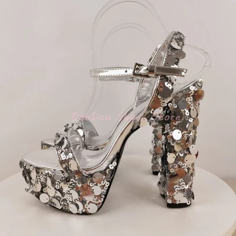 Gold Sequin Ankle Strap Slingback Platform Sandals Women Open Toe One Strap High Heels Summer Luxury Sexy Party Shoe New Arrival