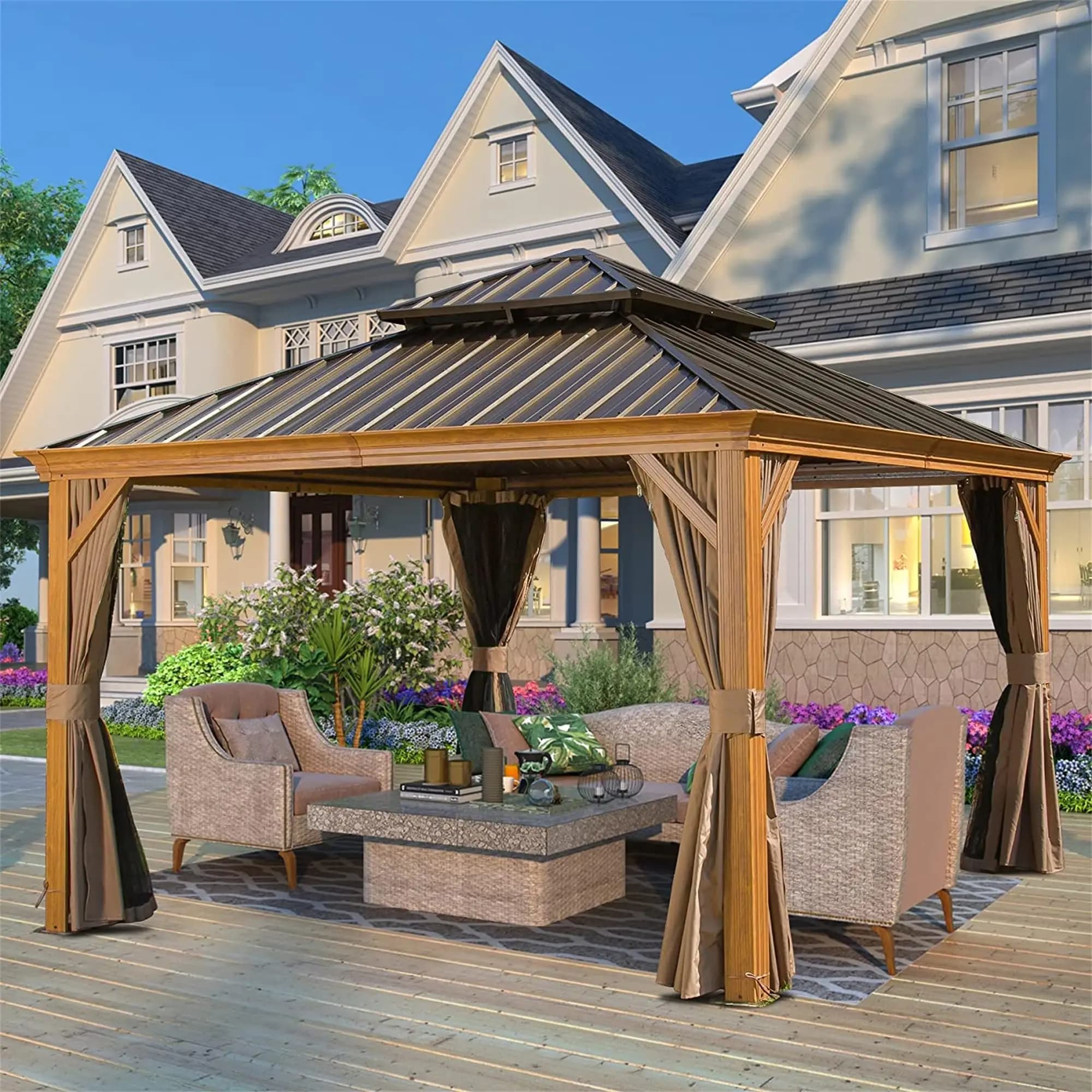 High Quality Wooden Coated Aluminum Frame Metal Pergola Waterproof Outdoor Hardtop Gazebo With Curtains And Netting