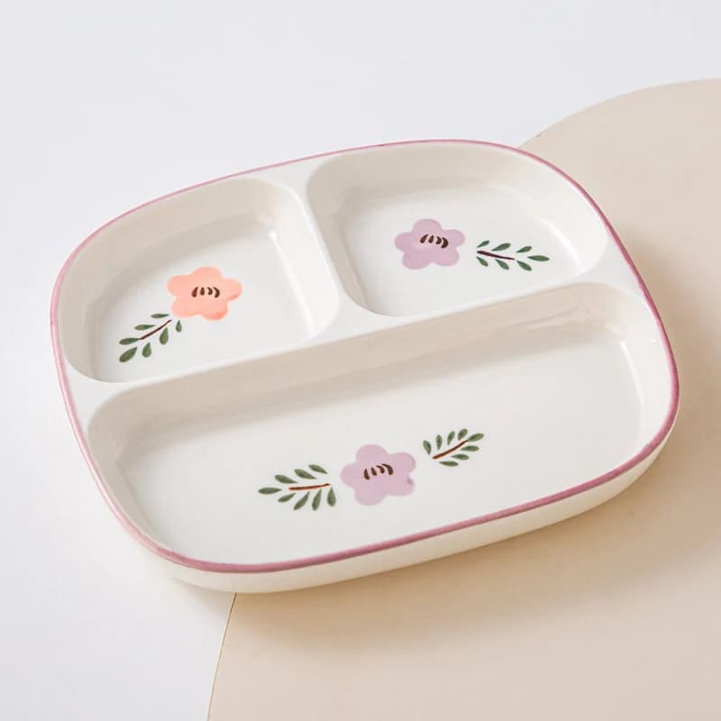 Three dishes ceramic dividers for domestic use, new Japanese dining dishes with high aesthetic plant printing, popular dishes to lose weight for adults