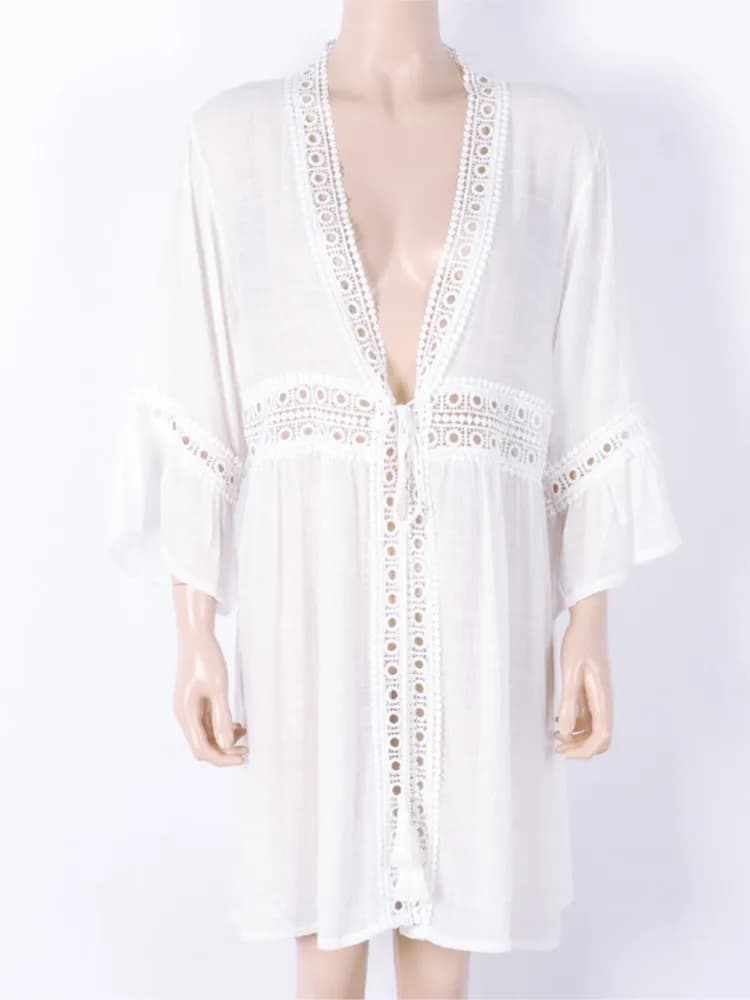 Copricostume estivo da donna Costume da bagno con maniche da polso Vestaglie Costume da bagno 2025 Nuovo mini abiti da vacanza in spiaggia bianco Copricostume