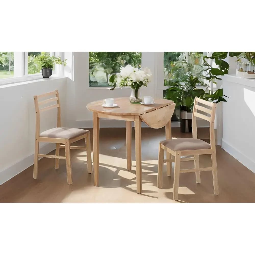 Set da Pranzo a 3 Pezzi con Tavolo Pieghevole, Tavolo in Legno Naturale e 2 Sedie con Cuscini Beige, Arredamento per Cucina in Spazi Ristretti