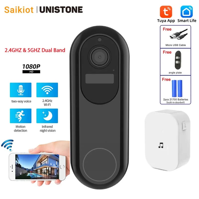 Saikiot Videocitofono Tuya Smart 2.4G e 5G Dual Band Home CCTV Sicurezza 1080P Videocitofono WIFI 2MP Videocitofono senza fili