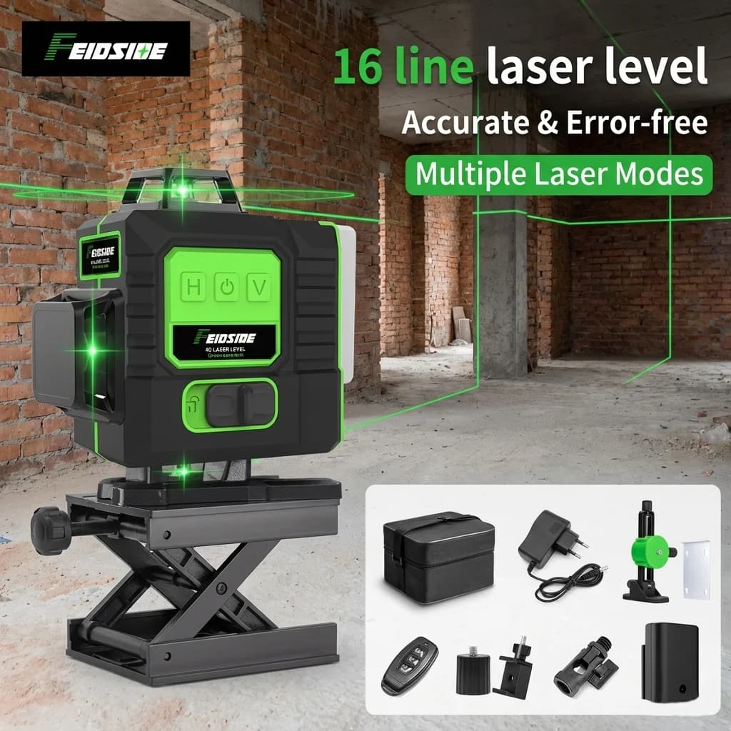Livella Laser Verde FEIDSIDE 16/12 Linee 360° ° Livella Laser Autolivellante Ultra-Luminosa a Raggio 3D per Tutti i Progetti Edili Interni ed Esterni