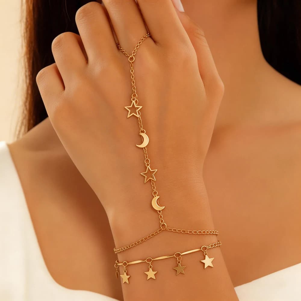 Bracciale a mano Boho con stella e luna per donna, in oro e argento, a strati, regolabile, per vacanze al mare, festival e feste