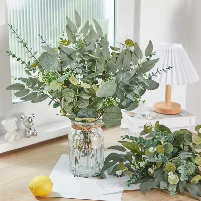 20 foglie di eucalipto artificiale con bouquet di frutta, piante finte, plettri di foglie di dollaro d'argento sfusi per matrimoni e decorazioni