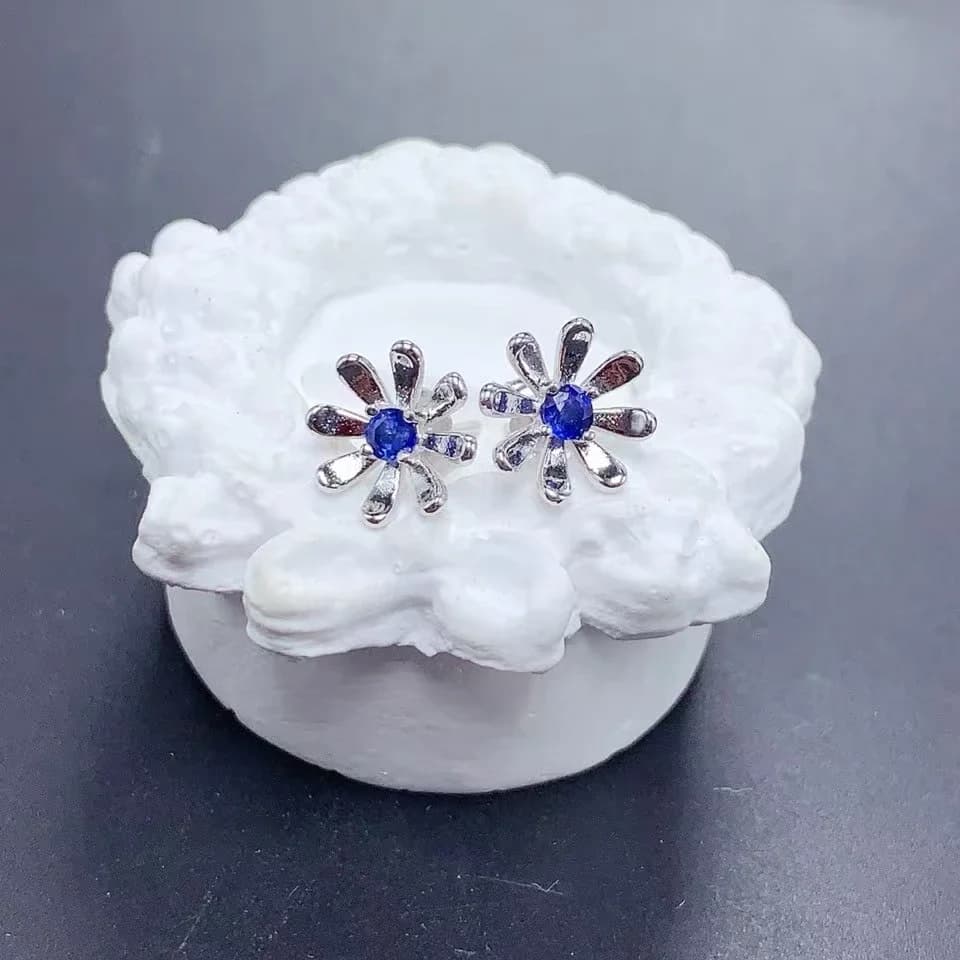 Sympathetic Button Earrings with Silver Flower 3mm Natural Blue Sapphire Earrings 925 Silver Plated 18K Gold