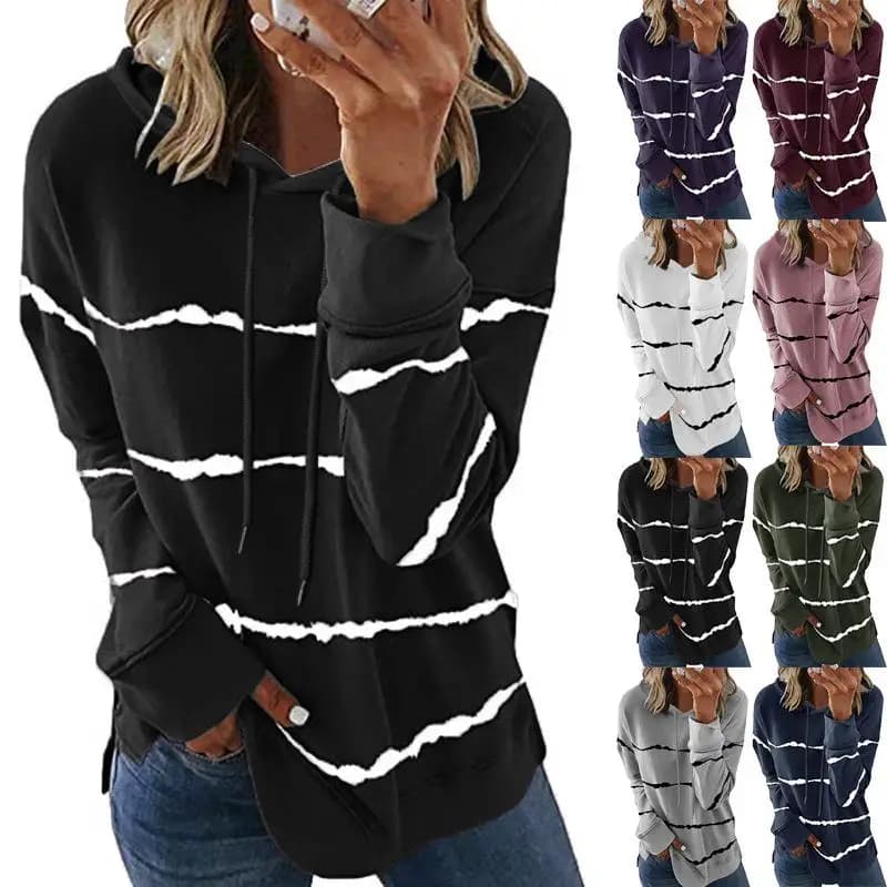 Women's Striped Printed Hooded Sweatshirt Casual Comfortable Fit Pullover Jacket for All Seasons Fashionable Street Style