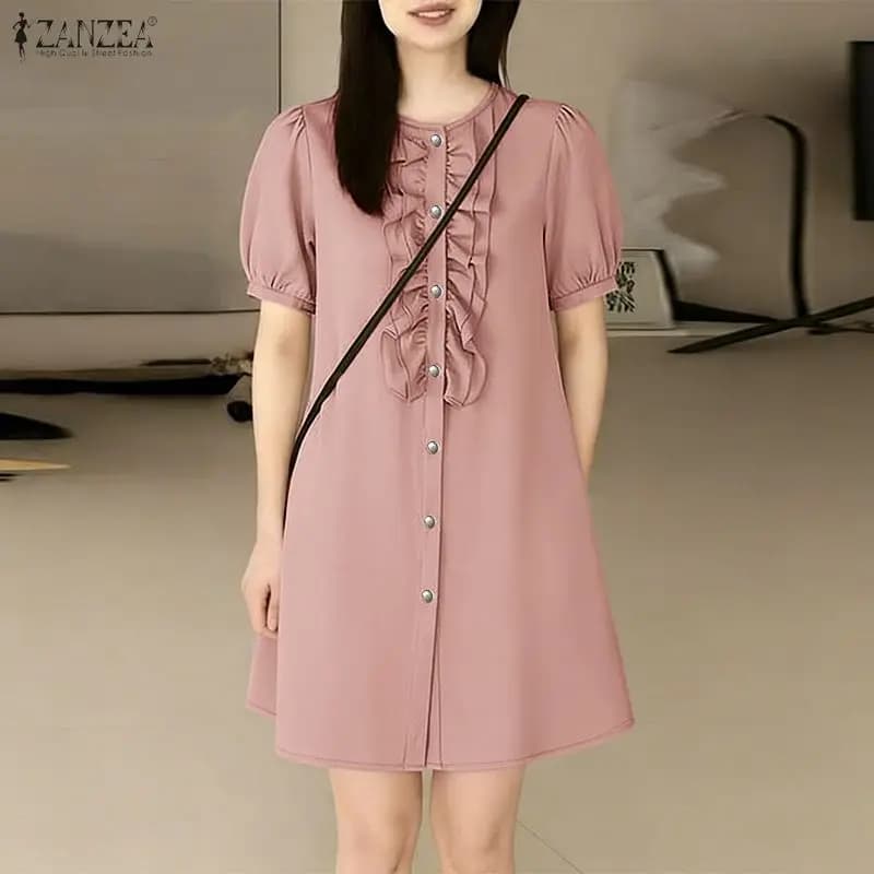 ZANZEA 2026 Abito Estivo da Donna con Scollo a O e Maniche Corte, Elegante Vestito da Lavoro con Volant, Abito Casual con Bottoni, Vestito da Sole Tinta Unita