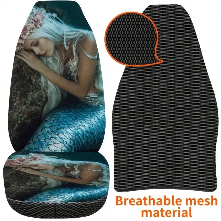 2-Piece Mermaid Print Car Seat Covers, Breathable Mesh, Universal Fit For Cars SUVs Sedans Trucks