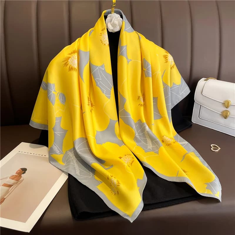 Silk Scarf with Floral Patterns, Silk Twill Square Scarf 90cm, Solar Protective Travel Scarf, Female Scarf