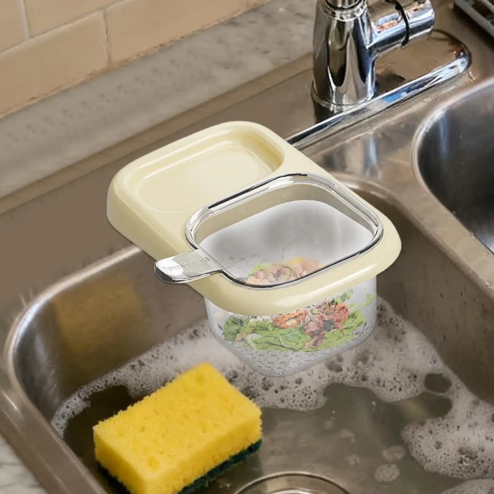 Cestello di scarico per lavello Scolapiatti a ventosa con portaoggetti Lavello da cucina Cestino raccogli alimenti per utensili da cucina per la prevenzione degli intasamenti dei rifiuti
