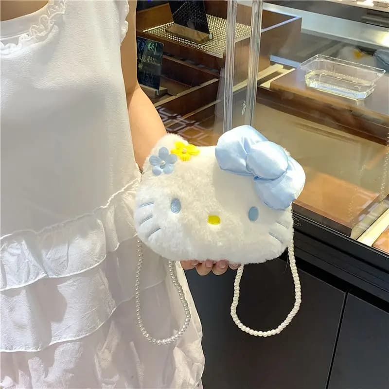 Borsa a tracolla Kitty con catena di perle, graziosa borsa a spalla in peluche, borsa portaoggetti a forma di gatto, borsa tote Kawaii da donna, pochette, portamonete per bambini