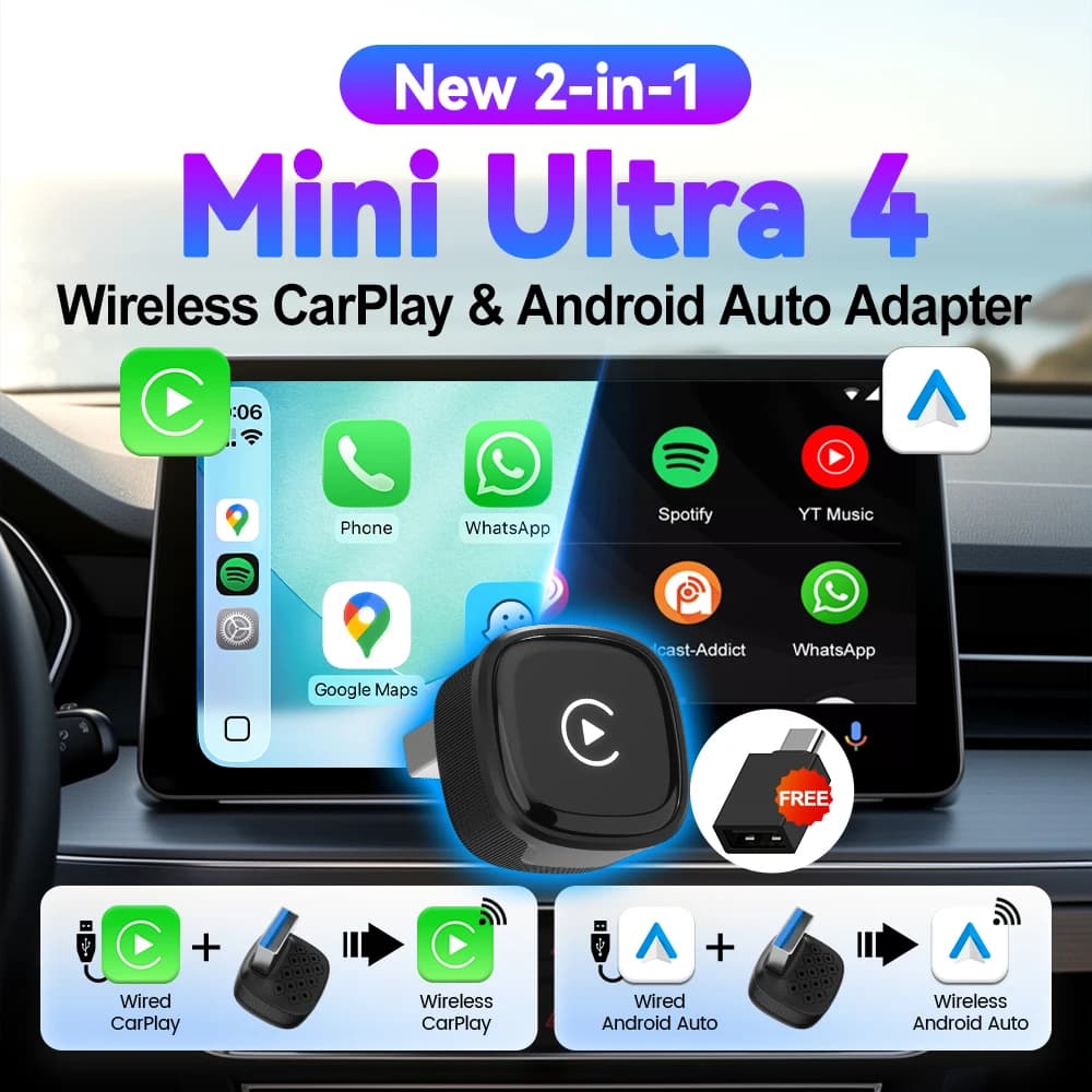 CarlinKit 5.0 Mini Ultra 4 Adattatore Wireless per CarPlay e Android Auto, Plug & Play, Connessione WiFi e Bluetooth Automatica, Aggiornamento OTA