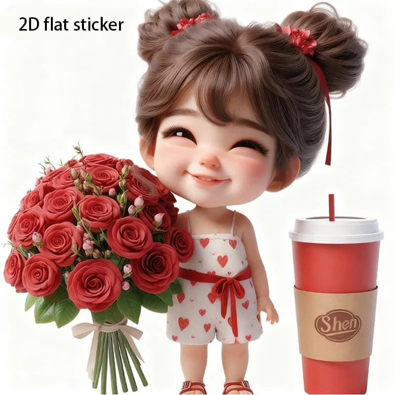 2D Flat Double Bun Cute Girl Red Rose Coffee Heart Print Vinyl Sticker For Car Laptop Water Bottle Wall Decor