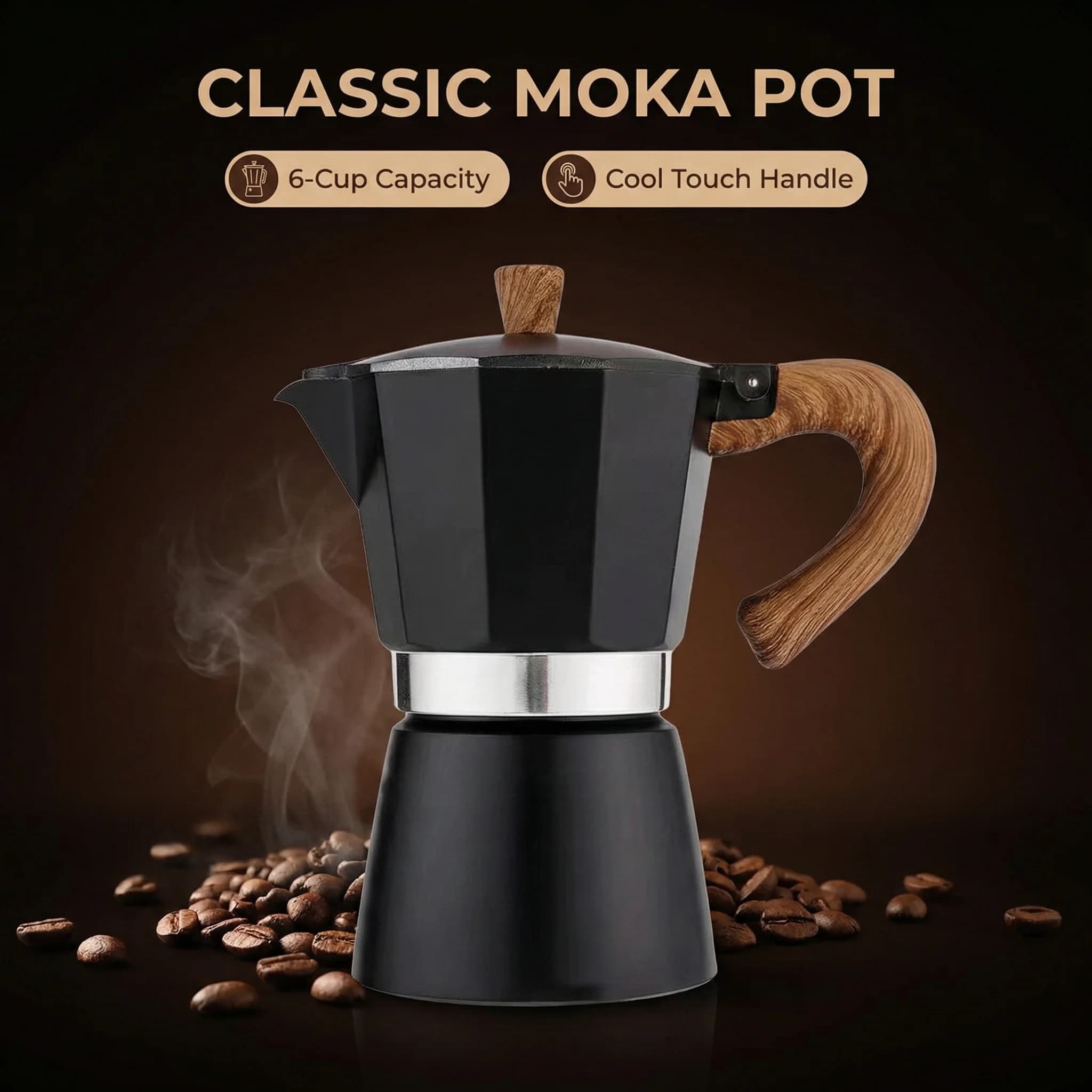 Caffettiera Moka Loftylife in alluminio per piano cottura, 6 tazze, per fornelli a gas, elettrici e in ceramica.