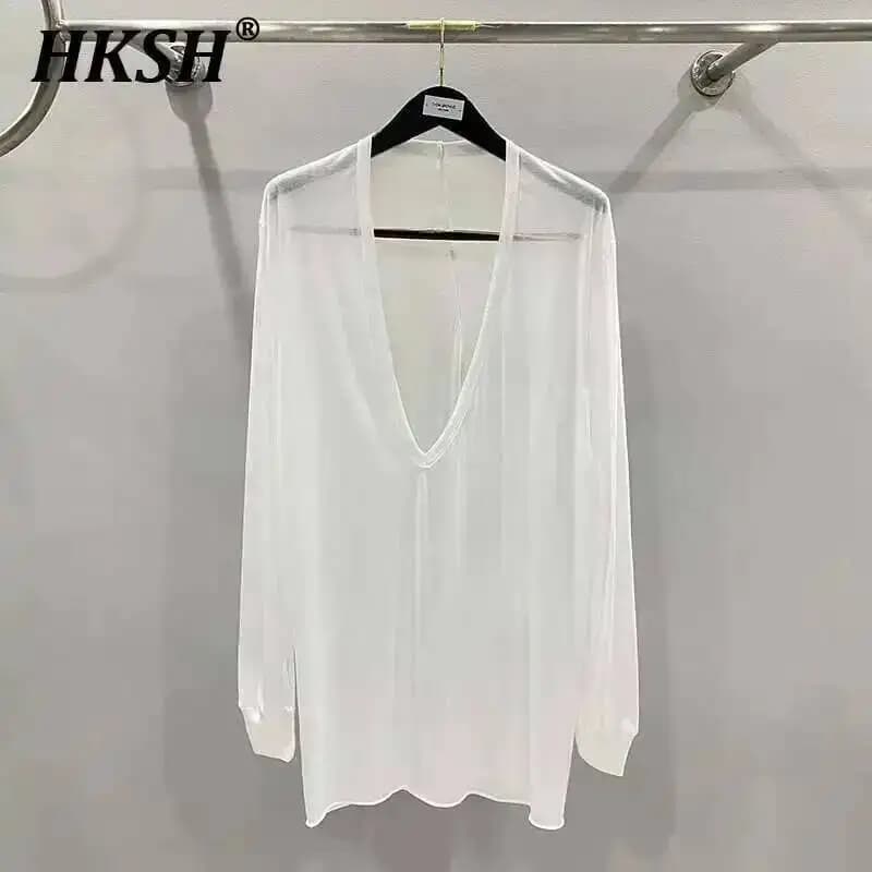 HKSH estate primavera nuovi uomini marea scuro scollo a v sottile maglia manica lunga t-shirt tinta unita Chic moda Punk Dark Tees HK2010