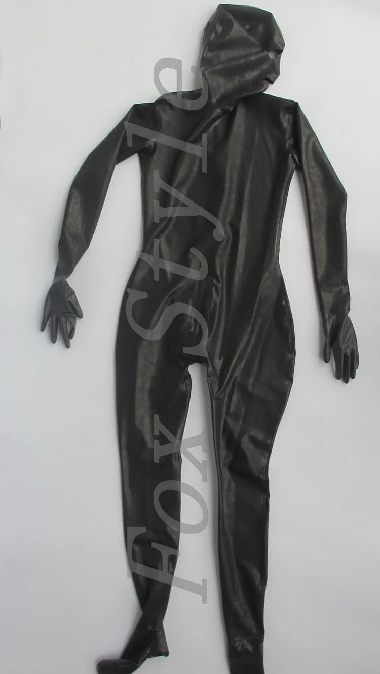 black color zipper entry latex full cover catsuit attached mask glove socks for woman