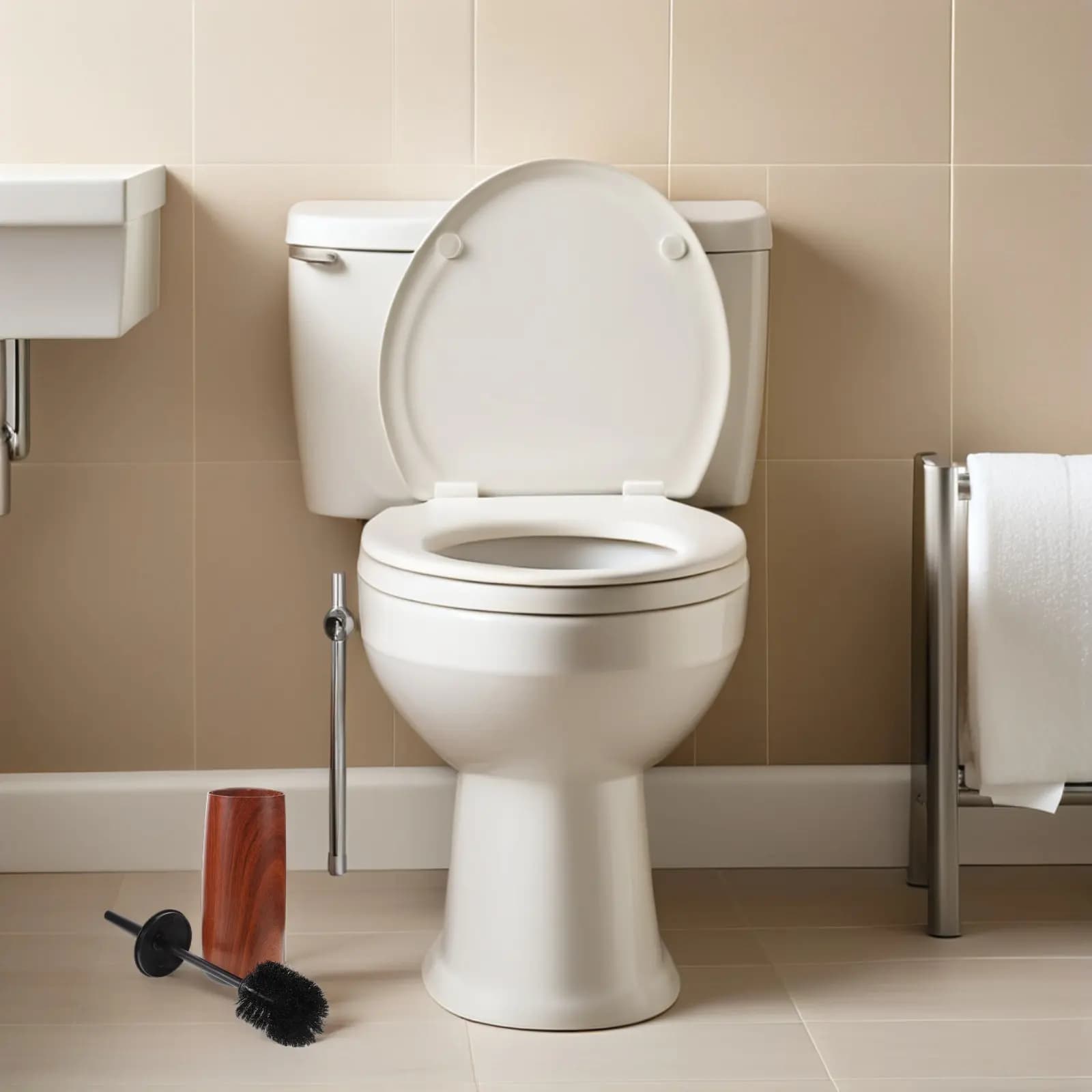 Spazzola per WC con Manico Lungo, Supporto Effetto Legno, Antigoccia, Stile Rustico, Pulitore per WC con Setole Robuste, per Uso Domestico