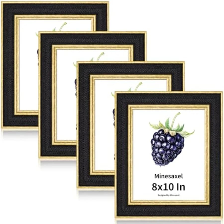 Cornice per Foto - Tessuto Nero e Bordo Oro Rustico, Vetro HD Reale con Cavalletto per Foto di Famiglia da Tavolo/Parete, Decorazione Moderna 4 Pezzi