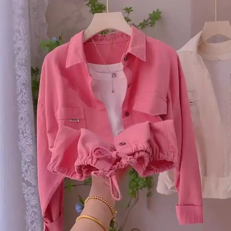 Pink Collar Cotton Polyester Women's Shirt Jacket Loose Fit Outerwear Spring Autumn Casual Style Drawstring Hem