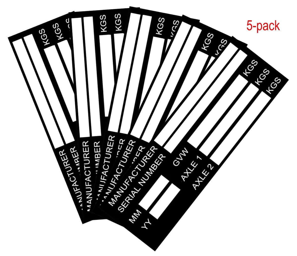 Set of 5 blank identification plates for VIN and axle weight, for vehicles, trucks, boats and trailers, 145mm x 50mm