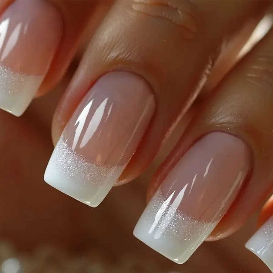 Set di 24 unghie finte quadrate medie per donne e ragazze, colore nude beige con glitter, stile francese con bordo bianco, unghie finte adesive.