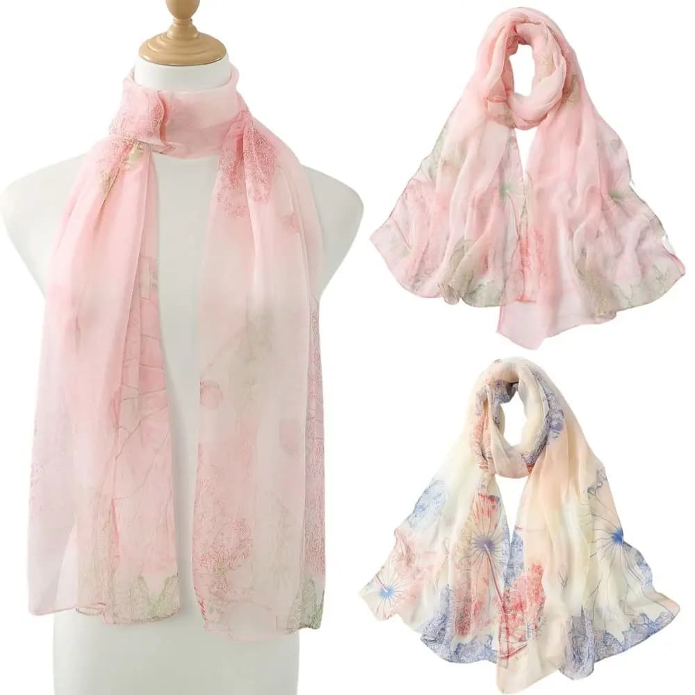 Fashion Embroidered Silk Scarf Breathable Smooth Long Wraps Silk Sun-Resistant Bandana For Women