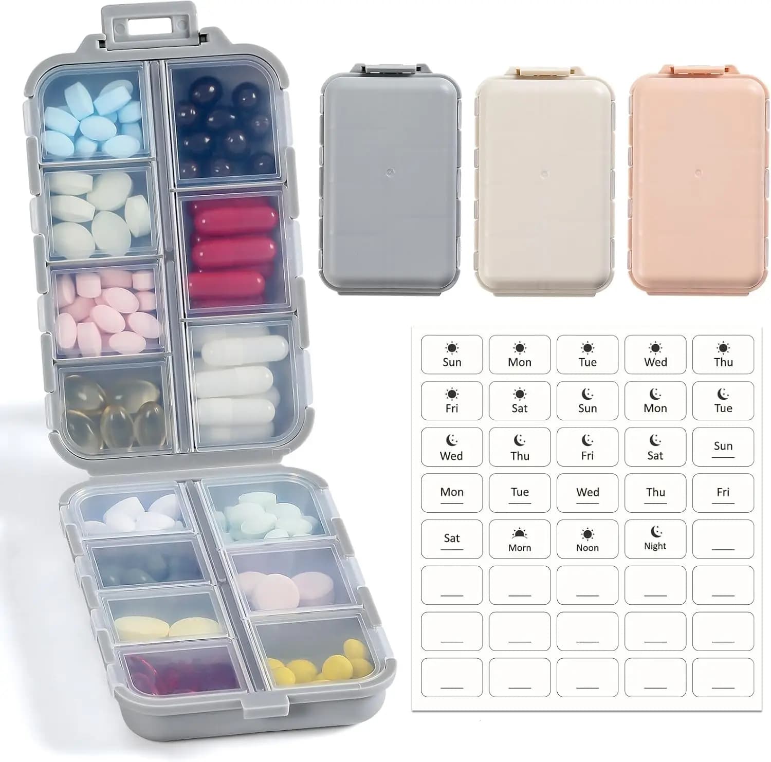 Scatola portapillole a 14 scomparti con etichette, porta farmaci da viaggio, confezione da 3