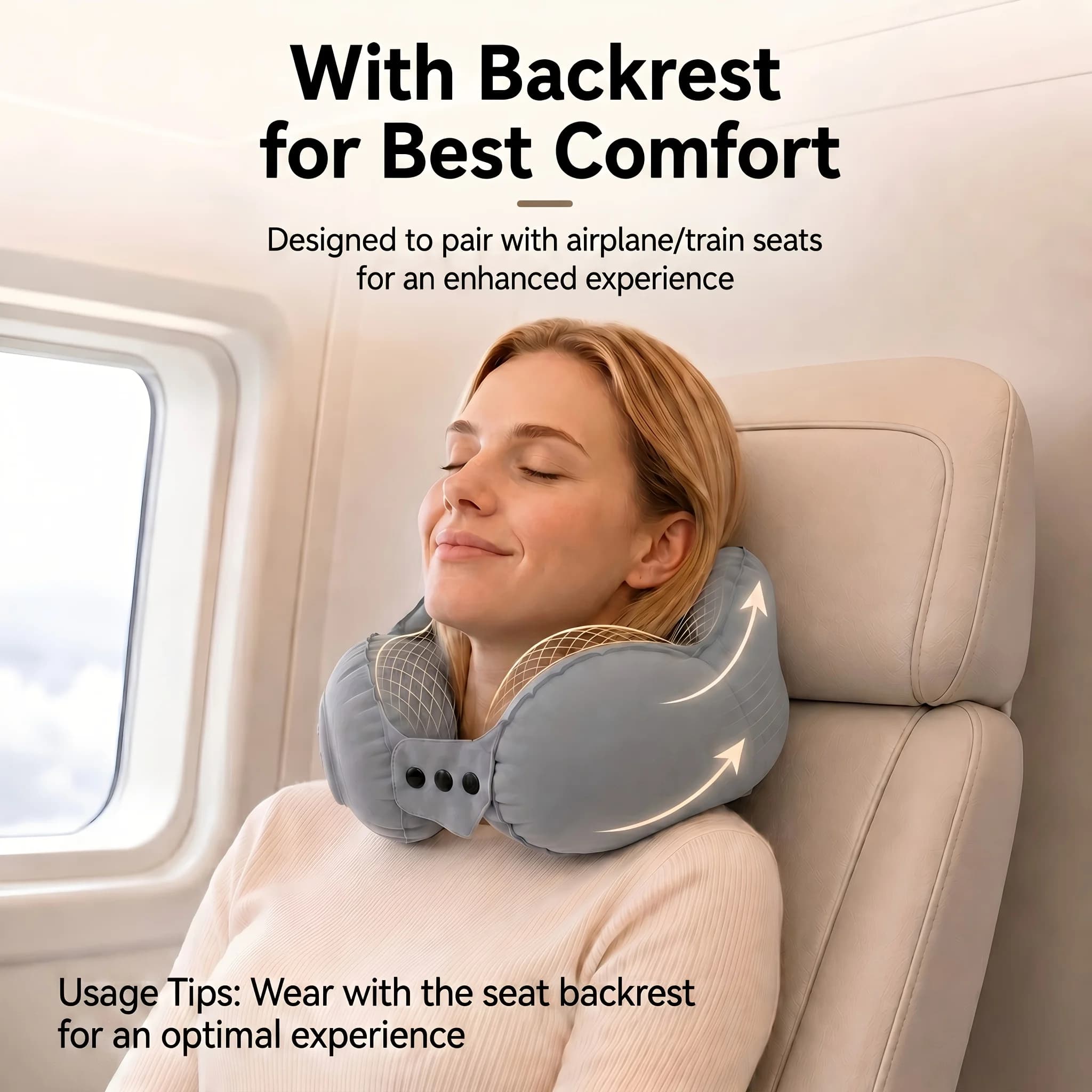 Press to Inflate Travel Neck Pillow Support Inflatable U-Shaped Pillow Adjustable Snap Strap Portable Car Office Neck Cushion