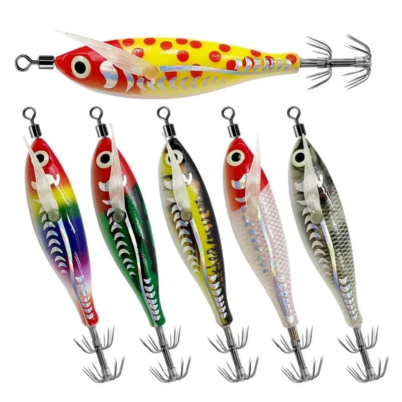 1Pc 3D Laser Calamari Jig Gancio Esca Legno Gamberetti Polpo Seppie Richiamo Zavorra Gamberetti 80mm 5.3g Luminoso Esche Da Pesca Piombo Zavorra