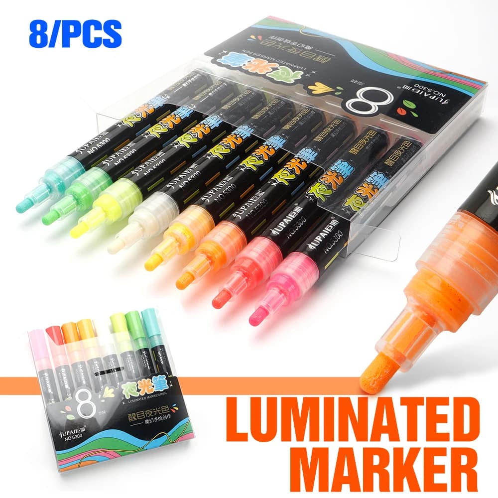 8 Colors Luminous Markers Set Art Graffiti DIY Crafts Fabric Canvas Artistic Work Non-Toxic Dark Pen Home School Art Supplies