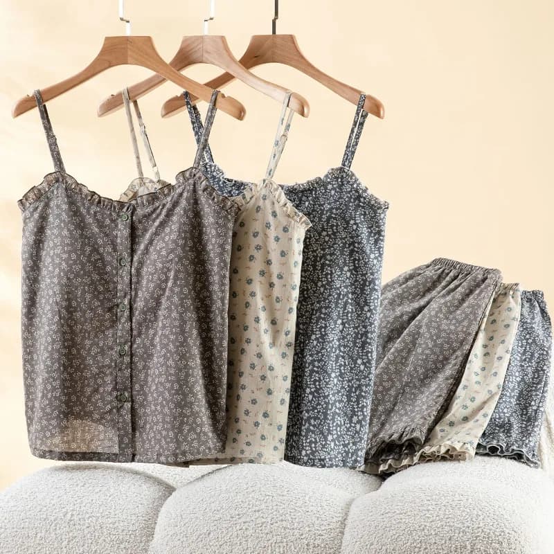 2026 Summer New Women's Pajama Set 100% Cotton With Chest Cushion And Floral Strap+Shorts Two Piece Sweet And Cute Home Clothes