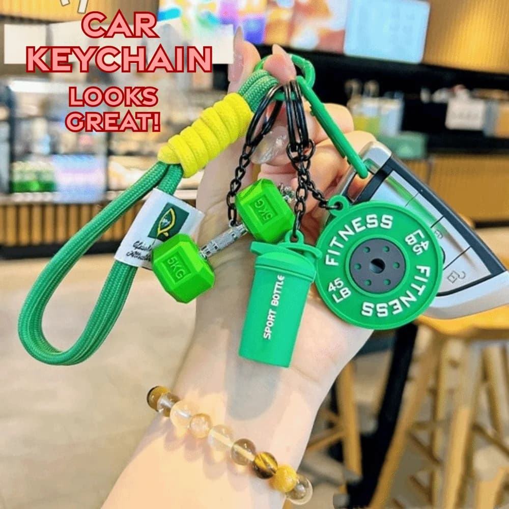 Keyring with barbell discs, kettlebells and simulated handlebars INS, Dopamina style, removable pendant for bag, fitness series, for friends