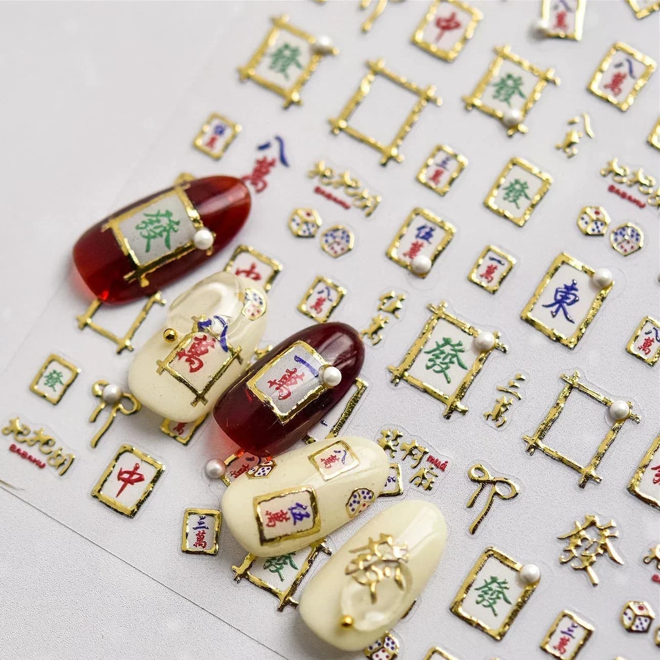 Mahjong Nail Art Stickers Hot Stamping Pearl Get Rich Winning Card Bowknot Self-adhesive Character Photo Frame Decalcomanie for manicure