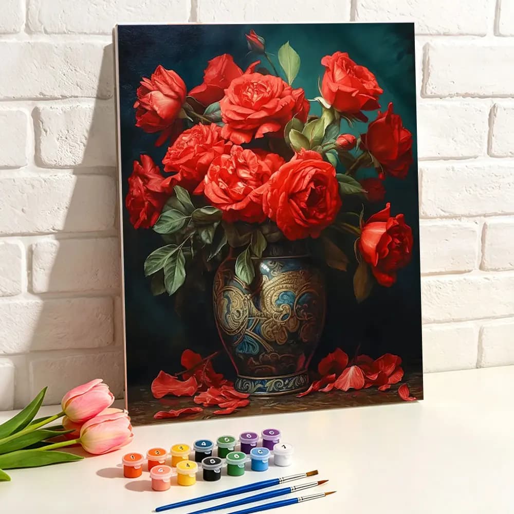 Oil Painting By Numbers Red Roses Vase Flower Paint Digital Oil Painting DIY Kit Picture Artcraft On Canvas Home Decor Gift