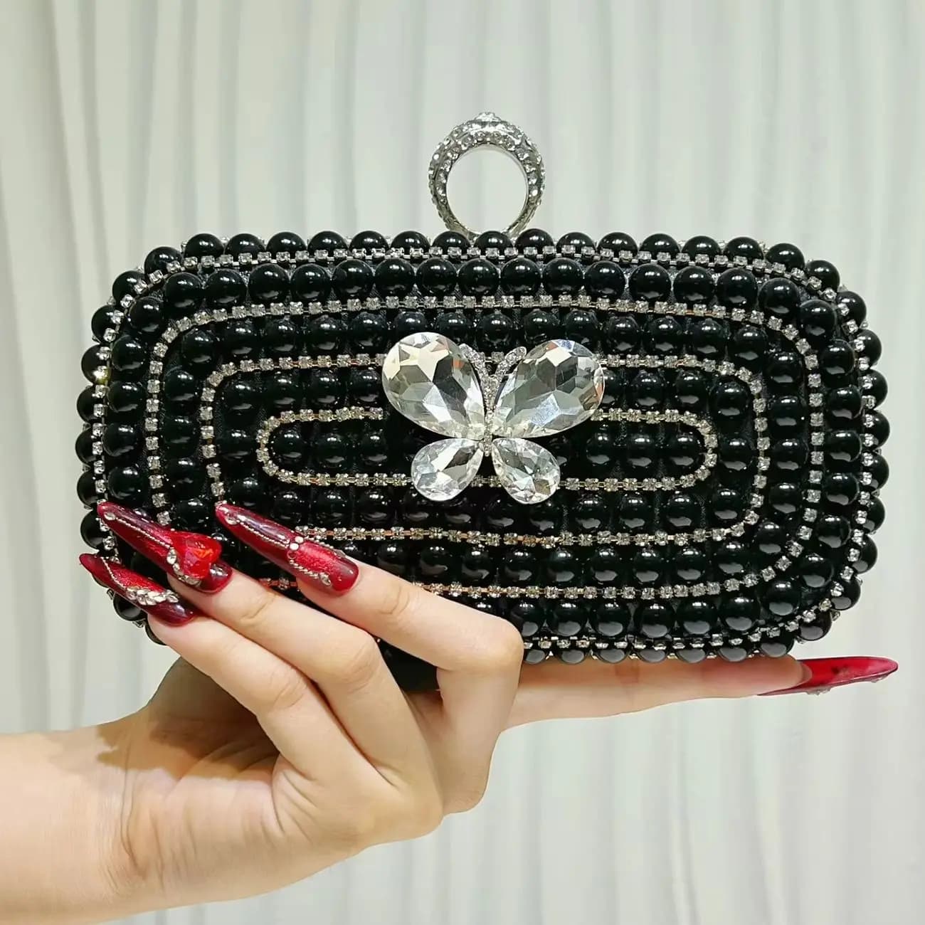 Borsa da sera di lusso artigianale CHIC con diamanti e perle, pochette da donna con strass a farfalla, borsa cosmetica e porta telefono alla moda