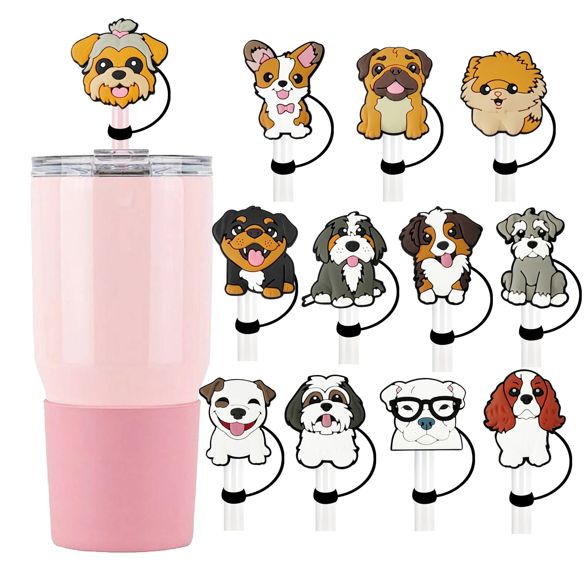 1-12 Pezzi Coperchi Decorativi a Forma di Cane Husky per Bicchieri Stanley, Tappi Riutilizzabili in Silicone da 10mm per Cannucce, Compatibili con Bicchieri da 30 e 40 Oz