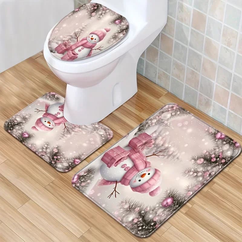 Set di tappeti da bagno con pupazzo di neve di Natale da 1/3 pezzi, tappetini da bagno in poliestere lavabili antiscivolo, set di decorazioni per il bagno in tessuto fatto a macchina con Toi