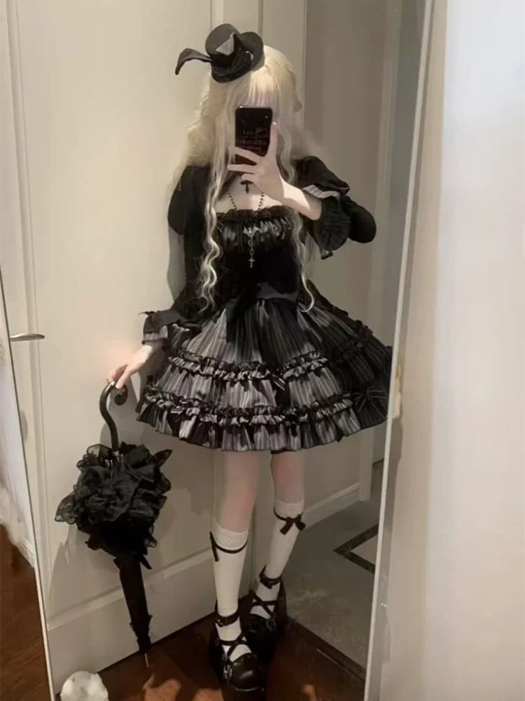 Set Lolita black gothic woman Casual Y2k Crop Top blouse + miniskirts Set of 2 pieces Kawaii Japanese Clothing vintage Chic