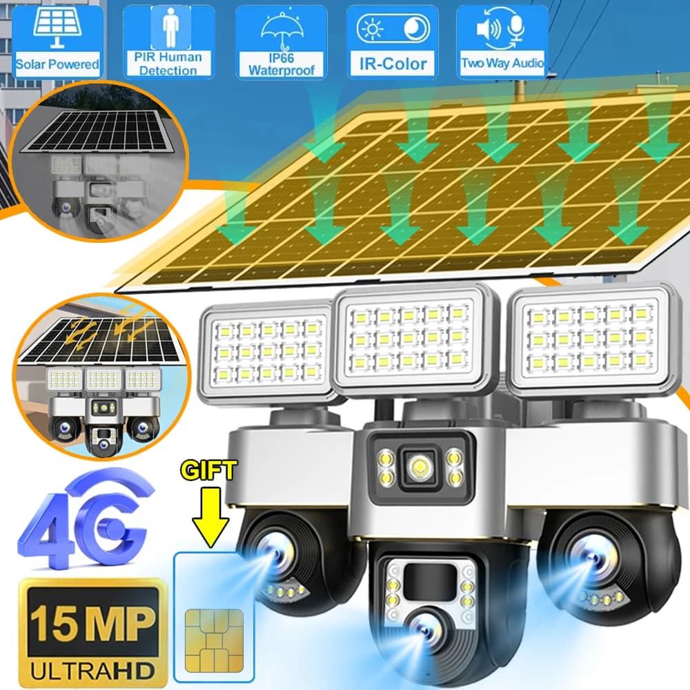 Telecamera con scheda SIM 4G con pannello solare Proiettore esterno Telecamera tripla PTZ Sorveglianza Protezione di sicurezza CCTV Videocam V380 Pro