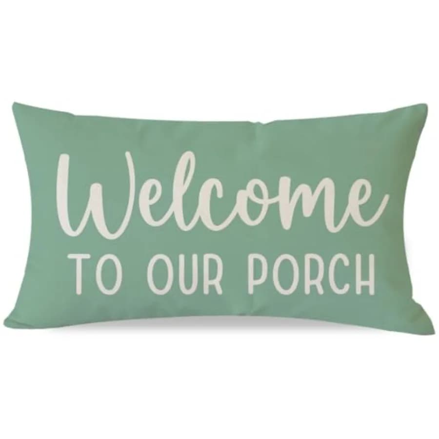Fodere per cuscini decorativi da esterno 12x20 pollici, motivo 'Benvenuti nella nostra veranda', verde eucalipto, primavera estate, stile rustico farmhouse